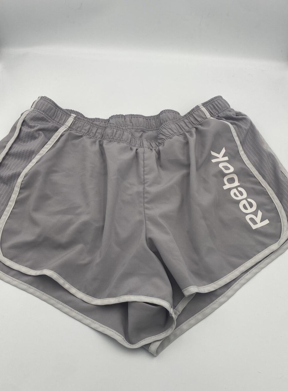 Reebok Women's Athletic Running Shorts Gray White Trim Elastic Waist Drawstring